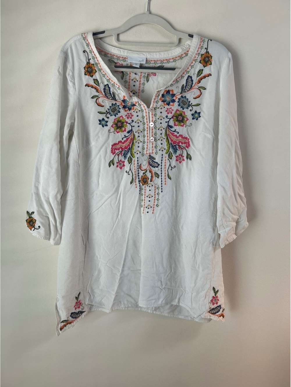 J.Jill White Embroidered Viscose Rayon Blouse Size M